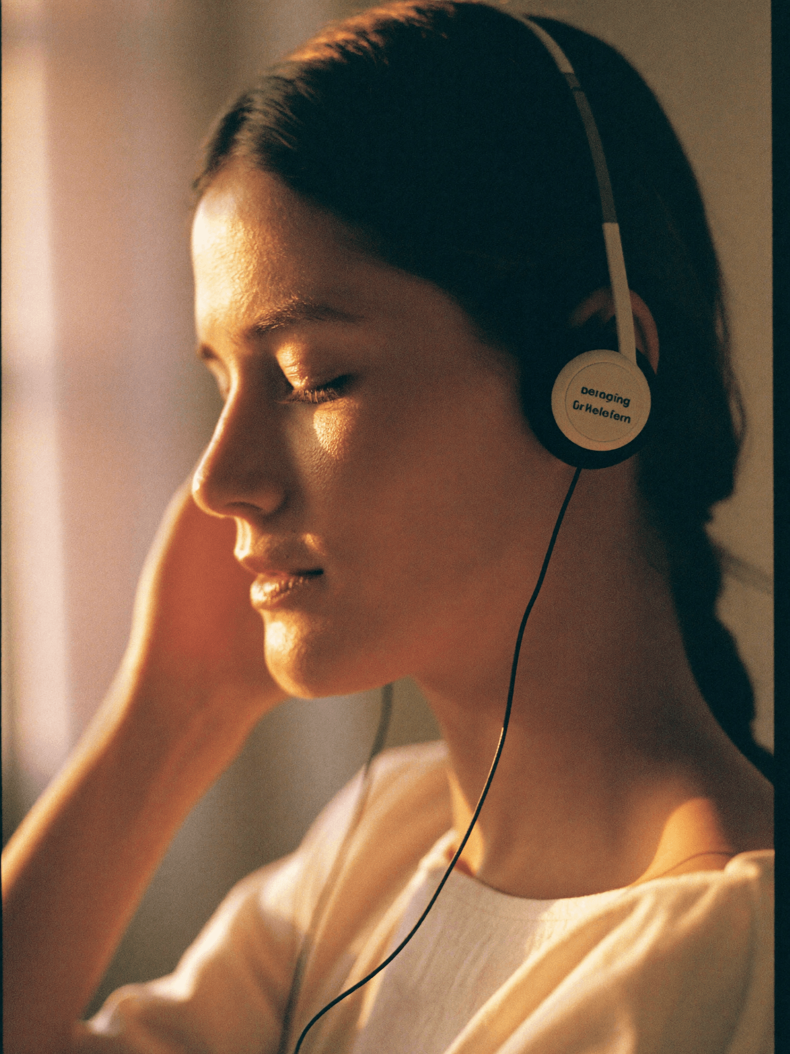 Woman in profile listening through over-ear headphones in warm golden light
